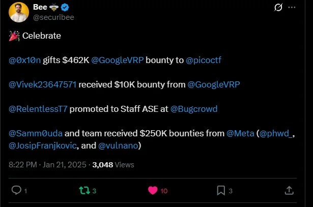 securibee listing the team among $10K+ Google VRP hackers