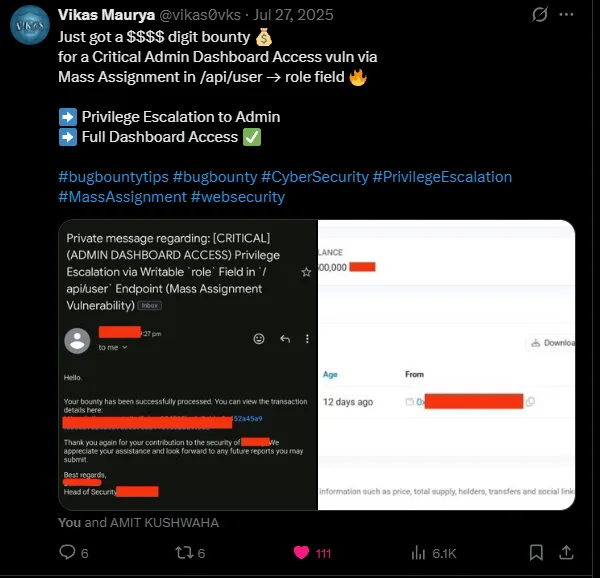 Critical admin-dashboard privilege escalation via mass assignment, bounty rewarded