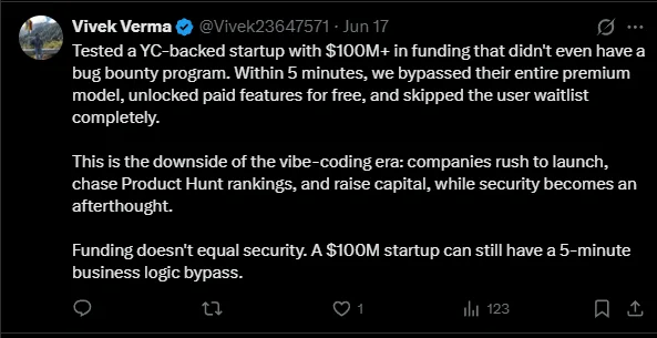 Tweet: bypassed a $100M YC-backed startup's business model in 5 minutes