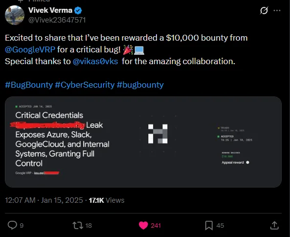 Tweet: $10,000 bounty from Google VRP for a critical bug