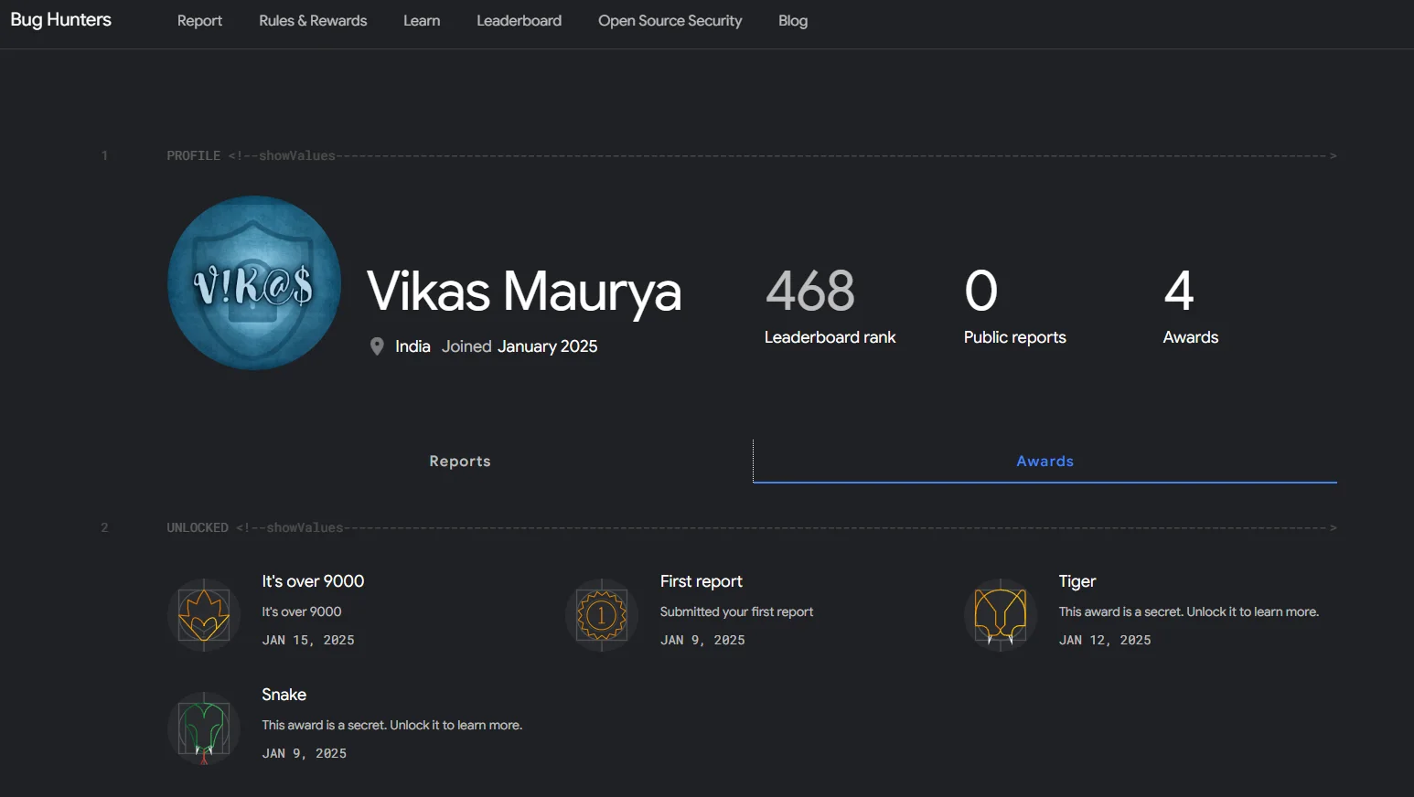 Vikas Maurya, Google Bug Hunters profile, rank 468, 4 awards